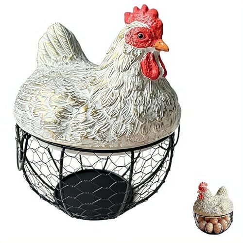 Chicken Egg Basket, Egg Collection Basket with Chicken Lid, Rustic Wire EggBasket with Handle, Iron Resin, Vintage Farmhouse Decor, Chickens Eggs Holder Countertop for Gathering Eggs (White) - color: White