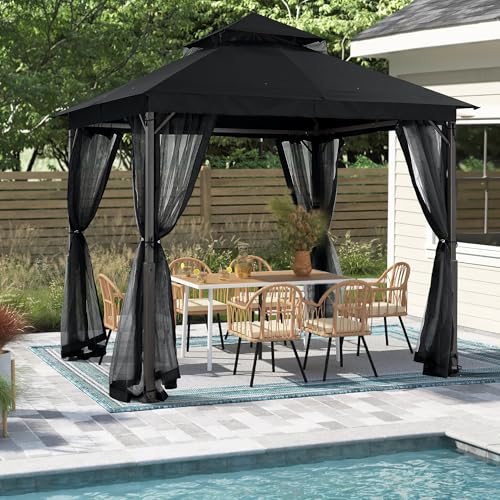 MASTERCANOPY Outdoor Patio Gazebo with Double Roofs, Stable Steel Frame and Mosquito Netting (9x9,Black) - color: Black, size: 9x9
