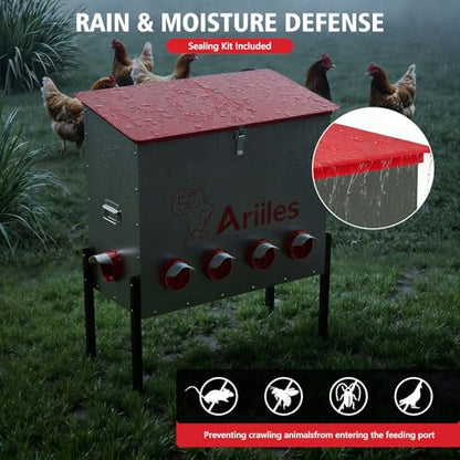 Automatic Chicken Feeder Box, 100lb Capacity, 10 No-Waste Ports, Metal Poultry Feeder with Covered Lid & Elevated Stand, Feed Dispenser for Chickens, Ducks & Backyard - size: 100 LB