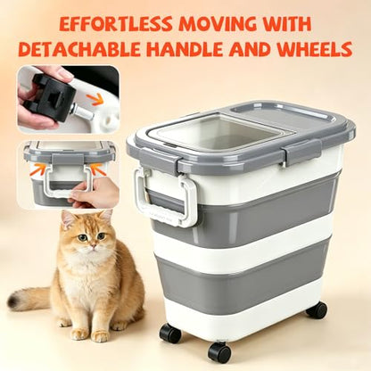 23-25-Liter Foldable Airtight Dog Food Container with Airtight Lid, Wheels, Handle, and Scoop; Large Cat Food Storage Bin; Pet Food Storage Container