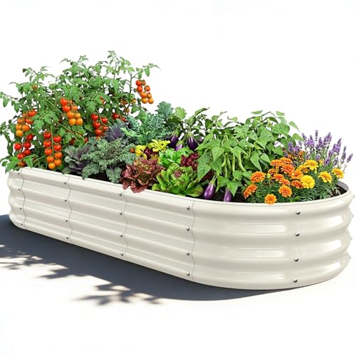 Oval Raised Garden Bed, 5 x 2 x 1FT, Galvanized Steel Planter Box with Wave-Shaped Metal Panels Painted for Outdoor Flower,Tree,Herb & Vegetable Garden (White, 60X24X12 inches) - color: White, size: 60X24X12 inches