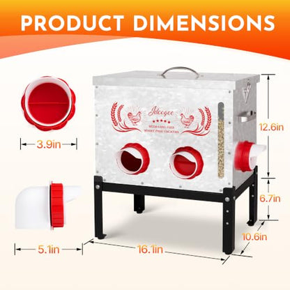 40Lb Automatic Chicken Feeder - No Waste Metal Chicken Feeders 6 Port Metal Silo with Locking Lid, Rat & Rodent Proof Weatherproof Design, Adjustable Legs for Poultry Outdoor Coop & Backyard Chickens