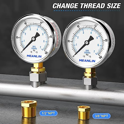 MEANLIN MEASURE 0~100Psi Stainless Steel 1/4" NPT 2.5" FACE DIAL Liquid Filled Pressure Gauge WOG Water Oil Air Lower Mount, with 1/2" NPT and 3/8" NPT Hex Bushing - size: 0-100Psi