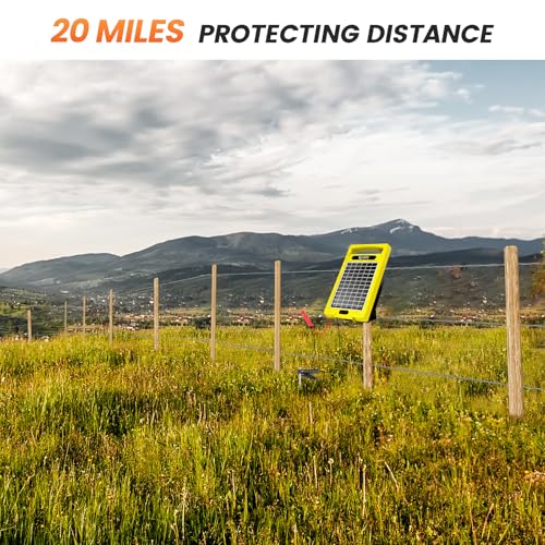 24 Hour Solar Electric Fence Charger, 20 Miles, Up to 10200v Output Range Electric Fence Charger, 0.32J Portable Energizer with Solar Panel for Livestock & Predator Protection - color: Yellow