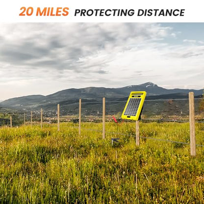 24 Hour Solar Electric Fence Charger, 20 Miles, Up to 10200v Output Range Electric Fence Charger, 0.32J Portable Energizer with Solar Panel for Livestock & Predator Protection - color: Yellow