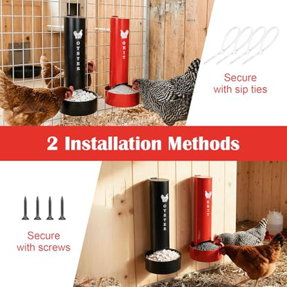 Chicken Oyster Shell Feeder and Grit Feeder and 6 Pcs Automatic Chicken Waterer Cup, Metal Hanging Poultry Feeders and Plastic Poultry Water Cup, Coop Accessories, Black+Red