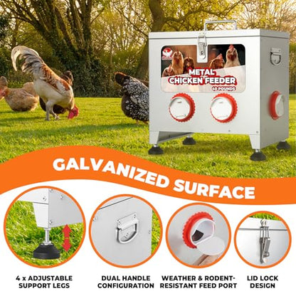 Sidasu 40 lbs 6 Port Galvanized Chicken Feeder with Adjustable Height,Locking Lid&Riveted Handles,Large Capacity Rainproof Automatic Chicken Feeders Silver - size: 40LBS