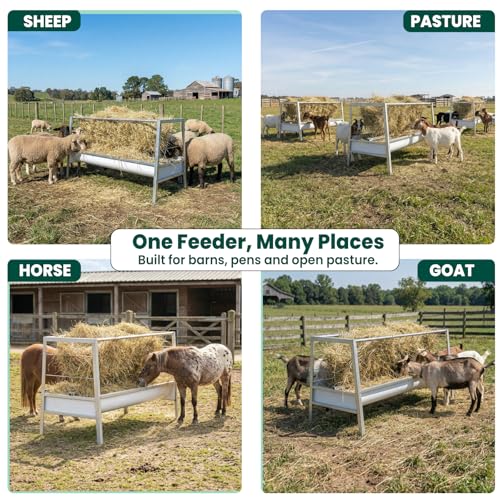 2-in-1 Livestock Hay Feeder & Grain Trough, 98 Gallon Large Capacity, 59 Inch Free-Standing Goat Hay Feeder, Heavy Duty Galvanized Steel, Weather Resistant, Multi-Sided Access, Outdoor Pasture Barn