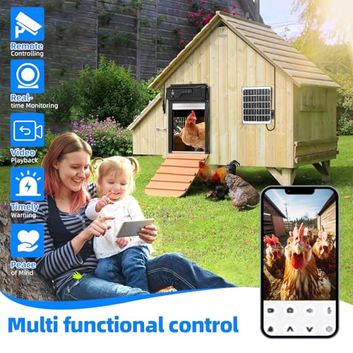 Automatic Chicken Coop Door Solar Powered and 5000mAh Battery, LCD Display Automatic Chicken Door with Timer & Light Sensor & PIR, APP Remote Control Solar Chicken Coop Door