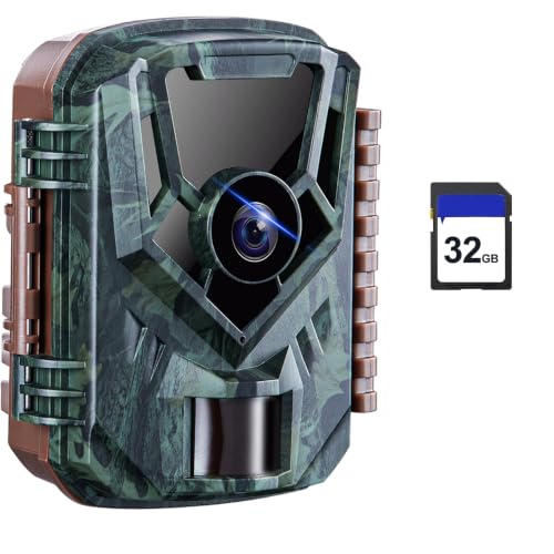 KJK Trail Camera with 32GB Memory Card, 36MP 2.7K Mini Game Camera, 0.1s Trigger, 130° Wide-Angle Motion Activated Night Vision, IP66 Waterproof, 2.0” HD Screen, 3-Shot Burst for Hunting - color: Blue brown
