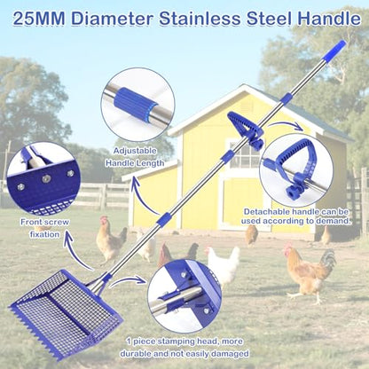 Metal Pooper Scooper for Large Dogs & Chicken Coop - Heavy Duty Long Handle Dog Poop Scoop with Sifting Shovel, Adjustable Rake for Yard, Gravel & Kennel Cleaning, Rust-Proof Stainless Steel