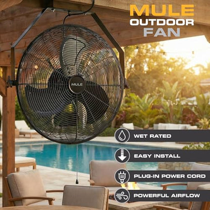 MULE 20 Inch Wet-Rated Outdoor Wall Fan XL, Plug-In Mount with Adjustable Omni-Reach Arm and 3-Speed Quiet Motor, Matte Black
