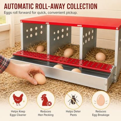 3-Compartment Roll Away Chicken Nesting Box for Hens, 32.6 Inch | Metal build, Egg collection tray, Perch, Protective lid, Wall mount, Freestanding setup, Ducks, Backyard coop, Barn supply - size: 32.6"L x 16.9"W x 13.9"H