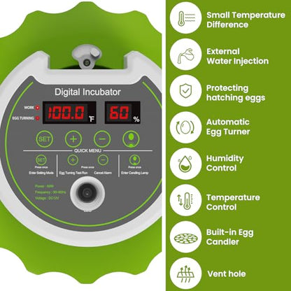 18-Egg Incubator with Automatic Egg Turning & Humidity Control, HD Panoramic View, Built-in Candler for Hatching Chicken, Duck, Quail Eggs Farms, Science Labs, Classroom, Home Use