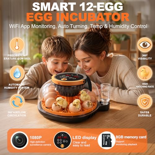 12-Egg Smart WiFi Egg Incubator with 1080p HD Camera, App Control, Auto Turner, Built-in Candler, Temp & Humidity Control, 360° View for Chicken Duck Quail, STEM Toy, 8GB SD Card Included