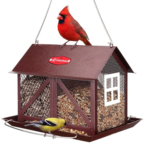 Kingsyard Metal Bird Feeder for Outdoors Hanging, 2-in-1 Wild Bird Feeder with Seed Tray & Built-in Perch, 5 lb Large Capacity for Cardinal Chickadee Finch, Bronze - color: Bronze