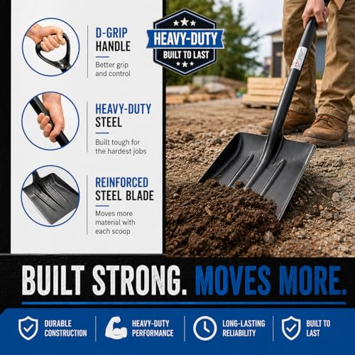 Tie Down Heavy Duty Steel Scoop Shovel – 37" Compact All Metal Transfer Shovel with D-Handle for Mulch, Ash, Feed, Snow, Compost & Farm Cleanup - size: 37 Inches