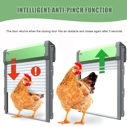 Heifriday Automatic Chicken Coop Door Solar Powered for Chicken Run Anti-Pinch Design Auto Chicken Door Charge with Solar Panel Large Chicken Coop Accessories, Green