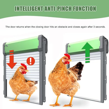 Heifriday Automatic Chicken Coop Door Solar Powered for Chicken Run Anti-Pinch Design Auto Chicken Door Charge with Solar Panel Large Chicken Coop Accessories, Green