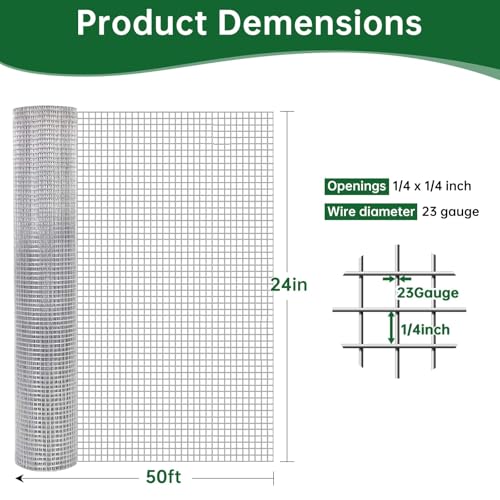 Amagabeli Galvanized Hardware Cloth 1/4 inch 24inx50ft 23 Gauge Chicken Wire Fence Welded Wire Mesh Roll Plant Supports Poultry Netting Garden Bed Animal Cage Snake Rabbit Wire Gopher Rodent Proof - size: 1/4" 24"x50'