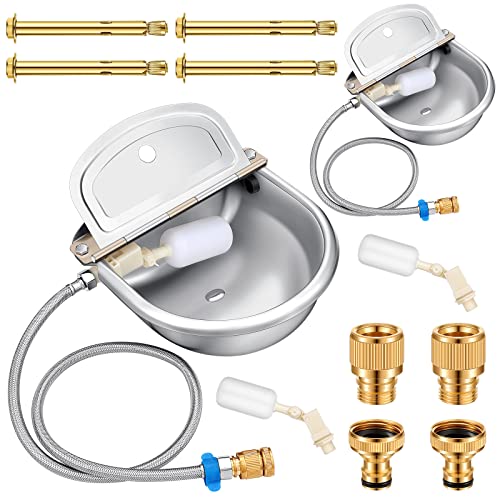Bokon 2 Sets Automatic Animal Drinking Water Bowl, 304 Stainless Steel Waterer for Dog Cattle Goat Pig, Livestock Water Trough Dispenser with Pipe Hose, 4 Float Valves, Quick Connecter, Expansion Bolt