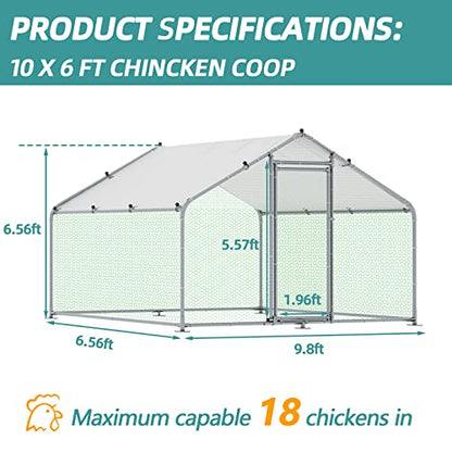 MEETWARM Large Metal Chicken Coop Run, Walk-in Enclosure Poultry Hen Run House, Spire Shaped Chicken Pen with Waterproof & Anti-UV Cover for Outdoor Farm Use(9.8' L x 6.56' W x 6.56' H) - color: 9.8' L x 6.56' W x 6.56' H