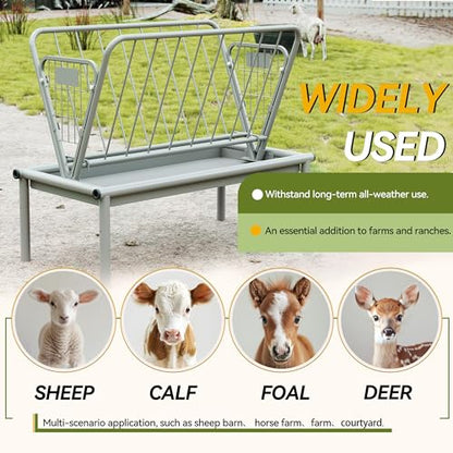 Kojem 4 Ft Long Livestock Feeder, Heavy Duty Steel Livestock 2 in 1 Grain & Hay Feeder, Outdoor Pasture Feeder with Feeding Pan for Goats, Sheep,Ponies, Cow, Horse for Farms, All Weather Feeder