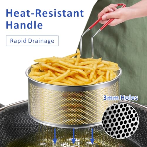 Deep Fryer Basket Only, 7''x4'' Colander with Silicone Handle,Round Stainless Steel Fry Baskets, Heat Resistant for Frying French Fries Cooking Noodles Vegetables, Ideal for Gift, 2.3-Quart - size: 7'' Deep Fry Basket