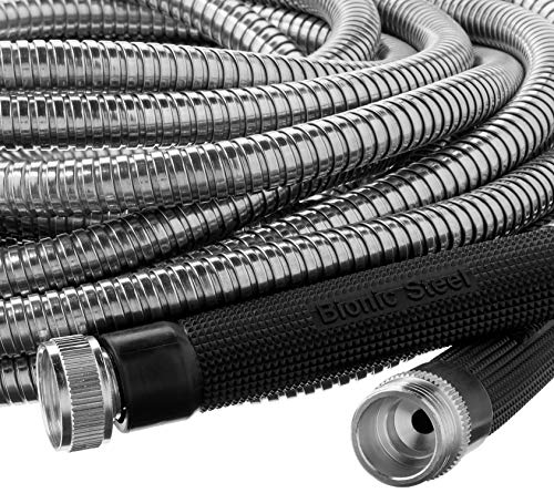 BIONIC STEEL 50 Ft Metal Garden Hose with Sprayer Nozzle,Non Kinking Stainless Steel Heavy Duty Hose 50Ft x 5/8 in. Ultra Flexible NON Expandable for Uninterrupted Water Flow,500 PSI,(Pack of 4) - size: 50' (Pack of 4)