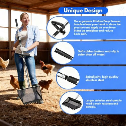 Chicken Coop Rake, Stainless Steel Chicken Manure Rake and Scoop 10in Adjustable Handle Cleaning Tool, for Coop Shed Poultry Cattle Waste Removal with Detachable Head