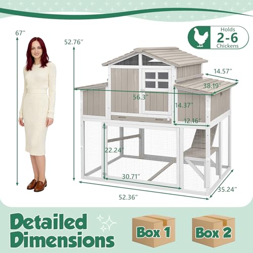 Large Chicken Coop with 4 Nesting Boxes for 4-6 Hens, Wooden Outdoor Hen House with Dual-Side Egg Collection, Pull-Out Tray, 3 Perches, Backyard Expandable Chicken Run - size: 52.4"L x 35.0"W x 53.0"H