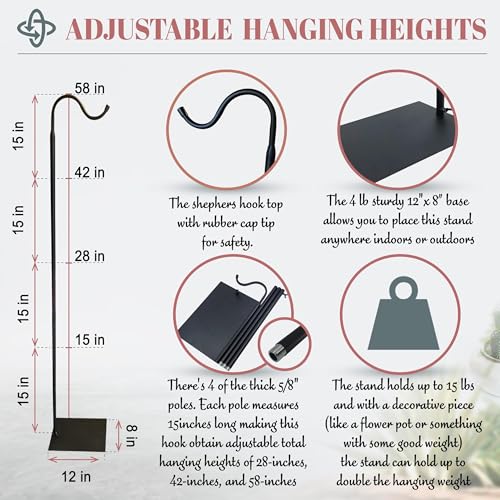 The Wind Chime CO 60" Adjustable Heavy Duty Shepherd's Hook Floor Stand Garden Hook for Outdoor, Hanging Plant, Solar Lights, Lanterns, Bird Feeders and Wedding Decor.