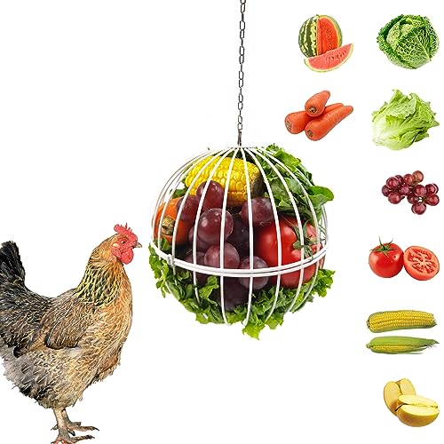 Hanging Chicken Feeder - 7.1 Inch Large Iron Chicken Veggie Treat Ball - Sturdy Chicken Treat Holder with 15.7 Inch Hanging Chain - White - color: White