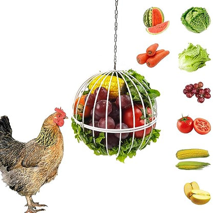 Hanging Chicken Feeder - 7.1 Inch Large Iron Chicken Veggie Treat Ball - Sturdy Chicken Treat Holder with 15.7 Inch Hanging Chain - White - color: White