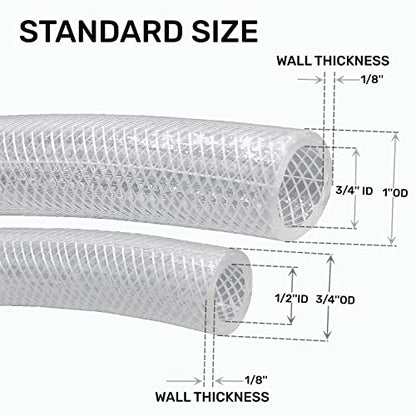1/2" ID x 3/4" OD - 100 Ft High Pressure Braided Clear PVC Vinyl Tubing Flexible Tube Heavy Duty Reinforced Hose Tubing - size: 100 ft, style: 1/2" ID x 3/4" OD