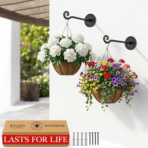 RTZEN Plant Hangers Outdoor or Indoor - Wrought Iron Metal Hanger Indoor Hook - Heavy Duty Wall Bracket Hooks for Hanging Plants Baskets Lanterns Bird Feeders - 2 Pack (Black Swirl Hooks 7.5") - size: 7.5 Inch, style: Swirl Hooks