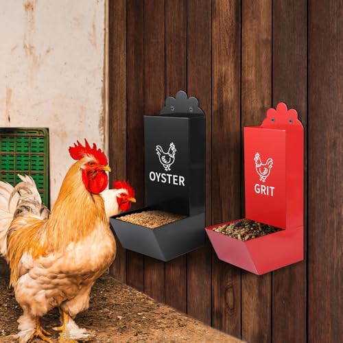 Kalekey 2 Pack Metal Chicken Feeder, Oyster Shell and Grit Feeder Hanging/Ground Chicken Coop Feeder with Durable Iron Construction for Hens & Chicks (Black & Red)