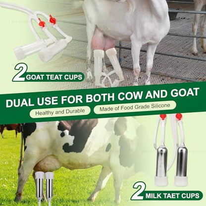 Upgrade 2-in-1 Goats and Cows Milking Machine, 1.85Gal/7L Food-Grade Stainless Steel Bucket with 5200mAh Built-in Rechargeable Battery, 4 Teat Cups, Cordless Pulsation Vaccum Electric Milking Machine - size: 7L Two-in-One Milking Machine