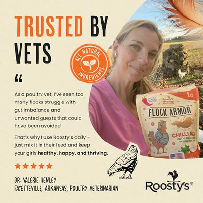 Roosty's Naturals Flock Armor Chicken De-wormer Chili Mix, 16oz | Daily Worm Defense • Boost Egg Quality • Feather & Vitality Boost • Gut Health Support • Made in USA