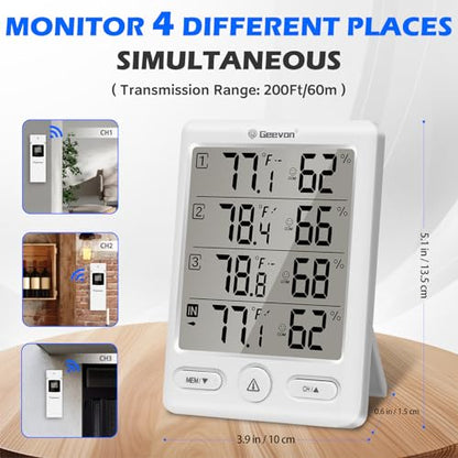 Geevon Indoor Outdoor Thermometer Wireless with 3 Remote Sensors, Temperature Humidity Monitor for Home with Comfort Indicator, Temp Alarm, Digital Hygrometer Thermometer Battery Powered
