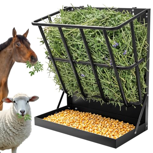 2-in-1 Wall Mount Goat Hay Feeder Rack with Grain Tray, Heavy-Duty Galvanized Steel Livestock Feeder for Goats Sheep Horses - color: Black