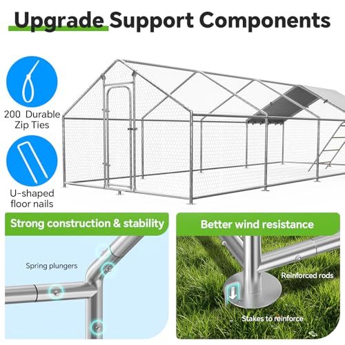 Large Metal Chicken Coop with Roosting Perch, Waterproof and UV Protection Cover, Chicken Run Outdoor Walk-in Cage Chicken Rabbit Duck Hen House for Yard Farm Use Spire Roof (10’ W x 26.2’ L x 6.4’ H) - size: 26x10Ft - Spire