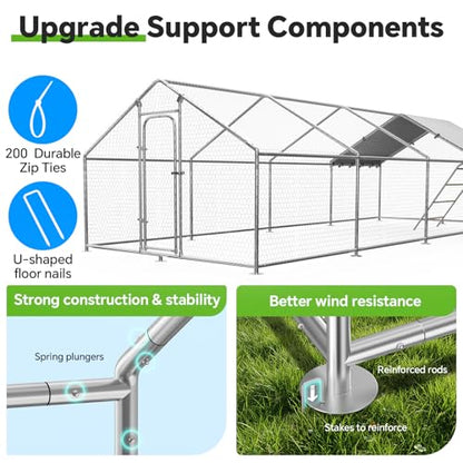Large Metal Chicken Coop with Roosting Perch, Waterproof and UV Protection Cover, Chicken Run Outdoor Walk-in Cage Chicken Rabbit Duck Hen House for Yard Farm Use Spire Roof (10’ W x 26.2’ L x 6.4’ H) - size: 26x10Ft - Spire