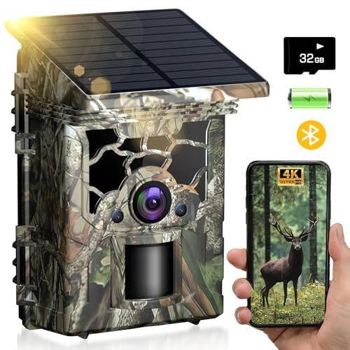 Trail Camera Solar Powered 4K 46MP, WiFi Bluetooth Game Camera with 32GB Memory Card, 130° Wide Angle, Motion Activated 0.3s Trigger, IP66 Waterproof No Glow Night Vision