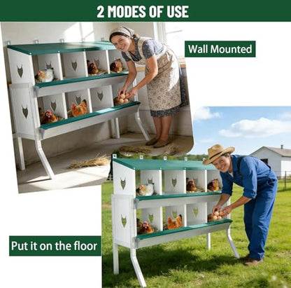 8-Compartment Chicken Nesting Box, Heavy Duty Galvanized Steel Poultry Nest Box, Wall Mount/Freestanding Design for Hens, Ducks, Backyard Homesteads & Farm Use, Green, 10 Mats &4 Eggs, with Stand - color: Green, size: 8 Room&Mat eggs