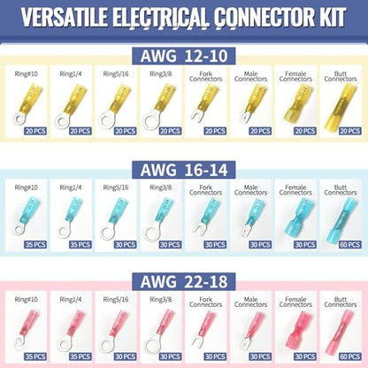 720PCS Marine Grade Heat Shrink Wire Connectors, Sopoby Electrical Connectors Kit of Tinned Red Copper, Waterproof Crimp Insulated Ring Fork Spade Butt Splice AWG 22-10 - size: 720 PCS Kit