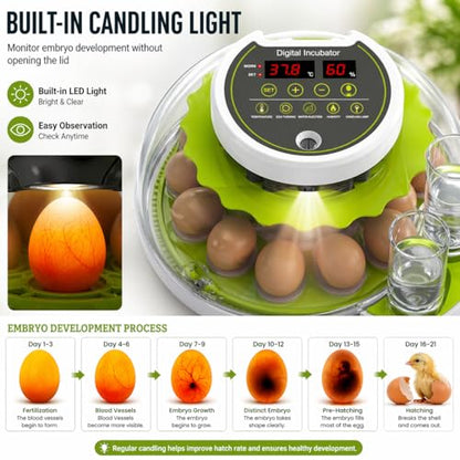 ME JO 18 Egg Incubator with Automatic Turner & Humidity Control, Built-in Candler, Egg Incubator for Chicken, Duck, Quail Eggs, Easy Hatch for Home, Farm, Classroom