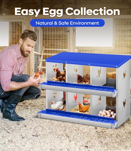 6 Compartment Chicken Nesting Boxes, Metal Roll Away Egg Laying Boxes with Removable Tray & Lid Cover, Chicken Coop Nest Box for Hens, Egg Protection Design (Without Legs) Blue - color: Blue, size: 6 hole - without leg