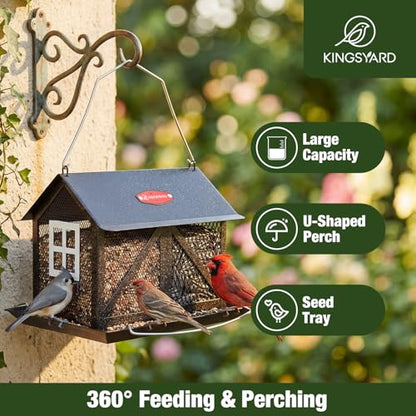 Kingsyard Metal Bird Feeder for Outdoors Hanging, 2-in-1 Wild Bird Feeder with Seed Tray & Built-in Perch, 5 lb Large Capacity for Cardinal Chickadee Finch, Black - color: Black