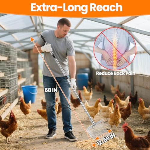 12 inch Chicken Poop Scooper, 4 in 1 Adjustable Chicken Coop Pooper Shovel (24 to 68"), Stainless Steel Sifting Litter Shovel Scoop for Chicken Coop/Goat Stall/Stable Cleaning